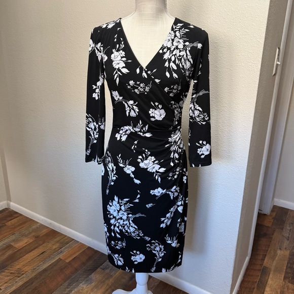 Chaps Size S/P Dress Stretch Ruched Waist Wrap Floral - Picture 1 of 14